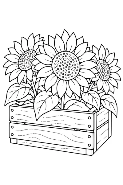 Coloriage: Tournesols dans une caisse en bois.