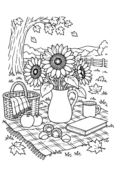 Coloriage: Tournesols sur une nappe de pique-nique.