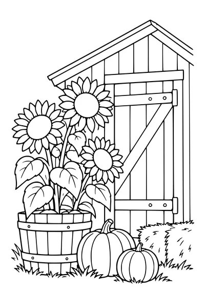 Coloriage: Tournesols près d’une porte de grange.