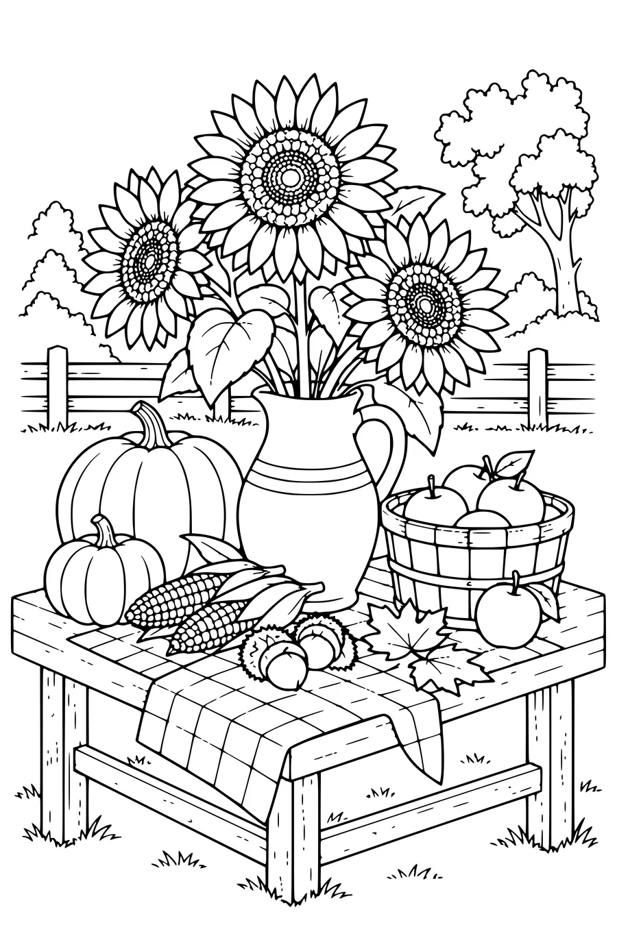Kleurplaat: Zonnebloemen op een oogsttafel.