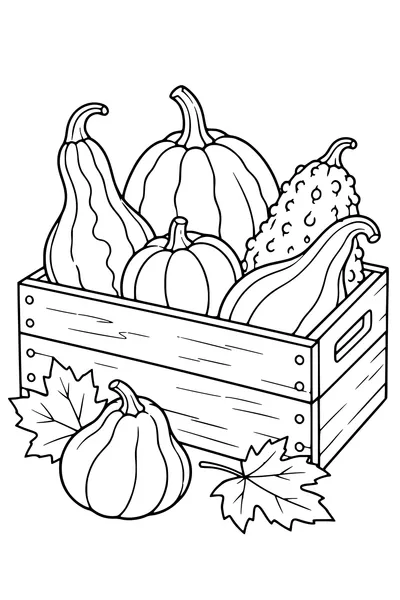 Coloriage: Coloquintes dans une caisse en bois.
