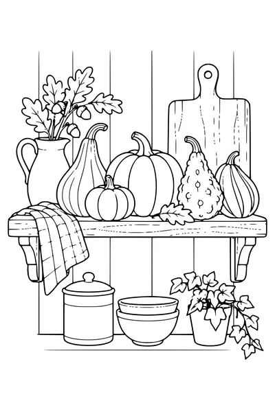 Coloriage: Coloquintes sur une étagère de cuisine.