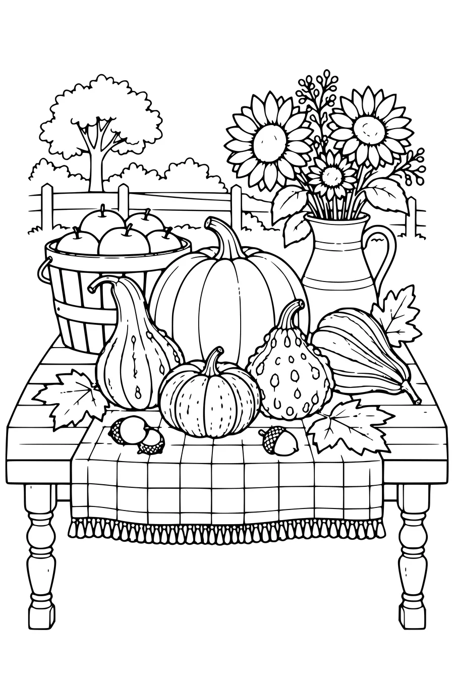 Coloriage: Coloquintes sur une table de récolte.