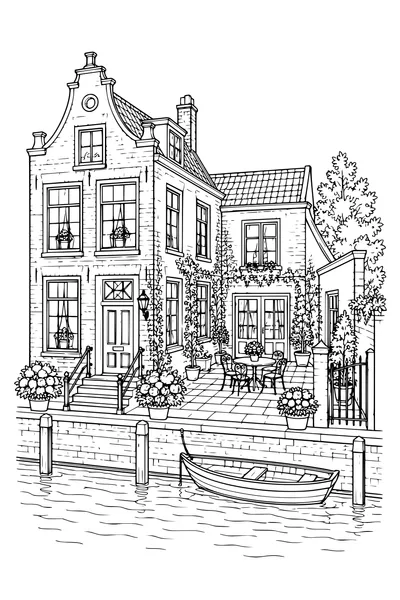 Ausmalbild: Grachtenhaus mit Innenhof.