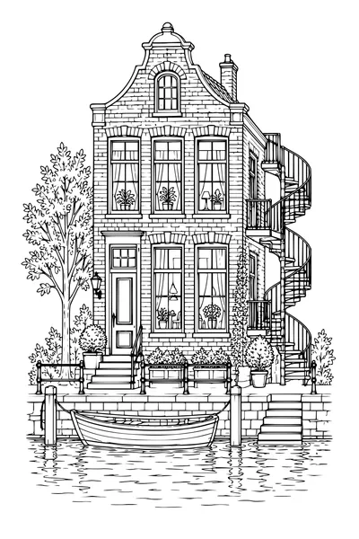 Ausmalbild: Grachtenhaus mit Wendeltreppe.