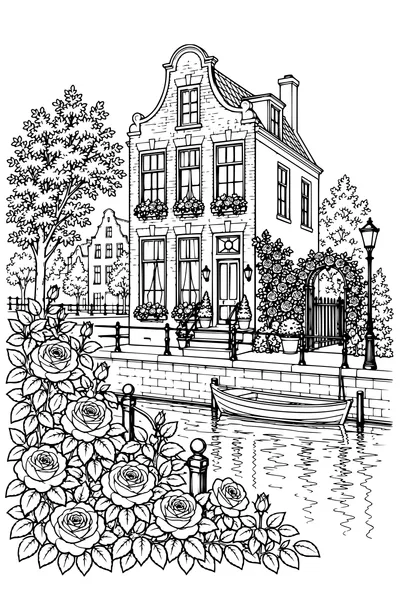 Ausmalbild: Grachtenhaus mit Rosengarten.