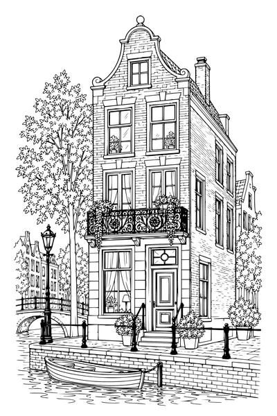 Ausmalbild: Grachtenhaus mit Schmiedebalkon.