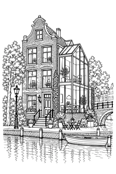 Ausmalbild: Grachtenhaus mit Glasanbau.