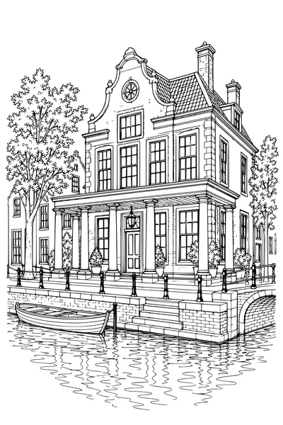 Kleurplaat: Grachtenhuis met een zuilengang.