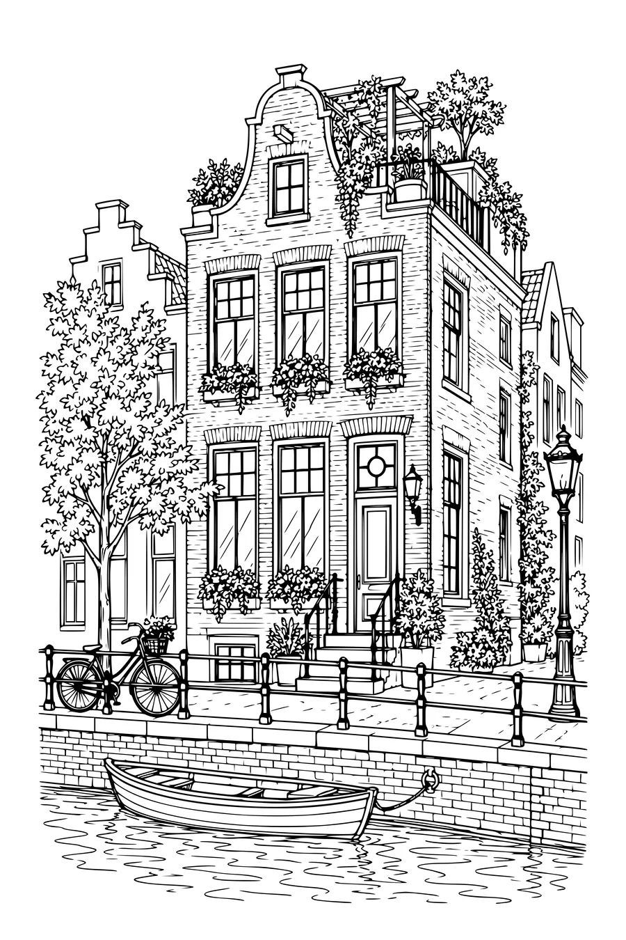 Coloriage: Maison au bord du canal avec un jardin sur le toit.