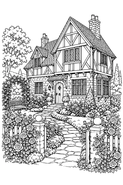 Coloriage: Maison à colombages avec une roseraie.