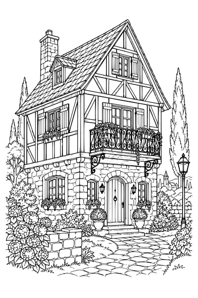 Coloriage: Maison à colombages avec un balcon en fer forgé.