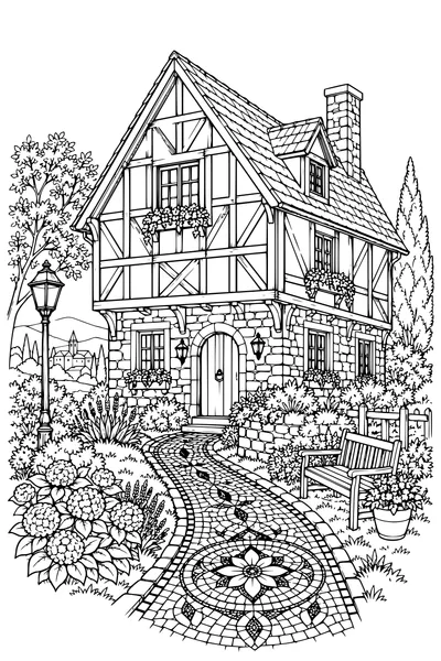 Coloriage: Maison à colombages avec un chemin en mosaïque.