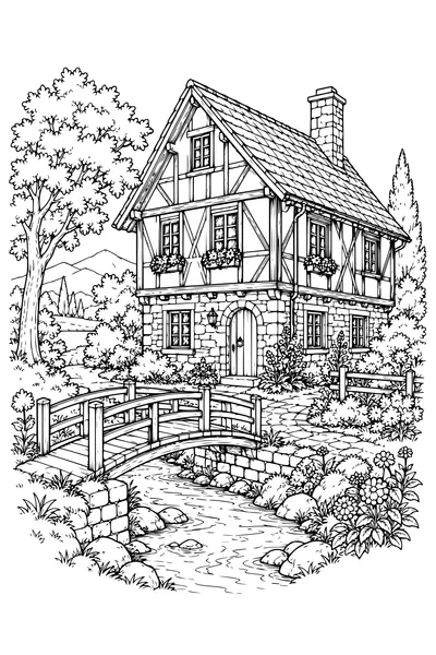 Coloriage: Maison à colombages avec une passerelle en bois.