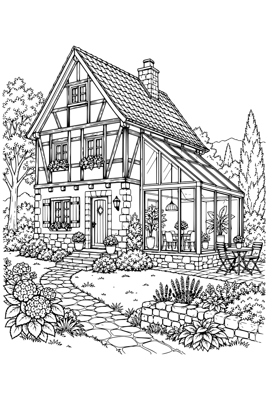 Coloring page: Half-timbered house with a glass extension.