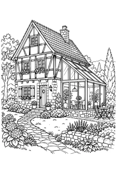 Coloriage: Maison à colombages avec une extension vitrée.
