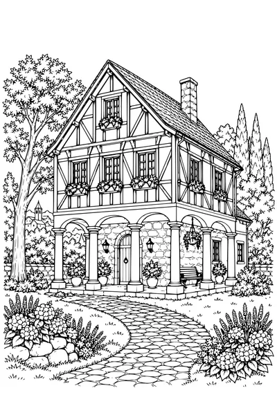 Coloriage: Maison à colombages avec une colonnade.