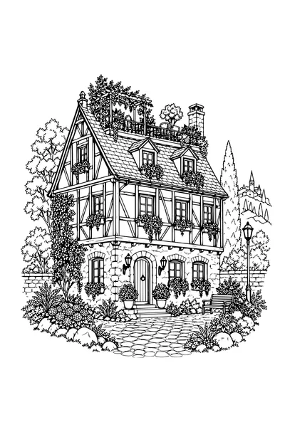 Coloriage: Maison à colombages avec un jardin sur le toit.