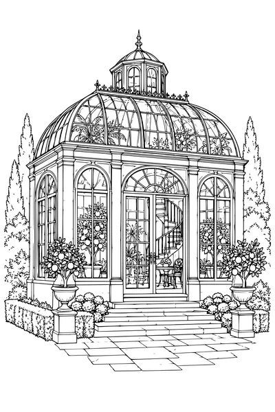 Coloriage: Orangerie avec un escalier en colimaçon.
