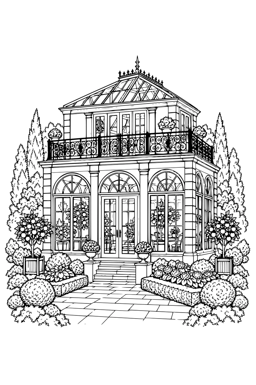 Coloriage: Orangerie avec un balcon en fer forgé.