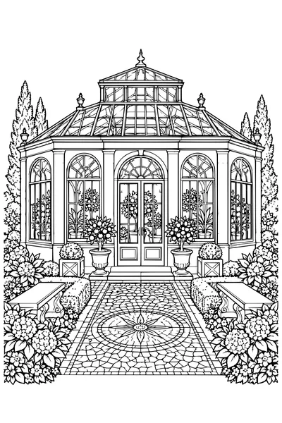 Coloriage: Orangerie avec un chemin en mosaïque.