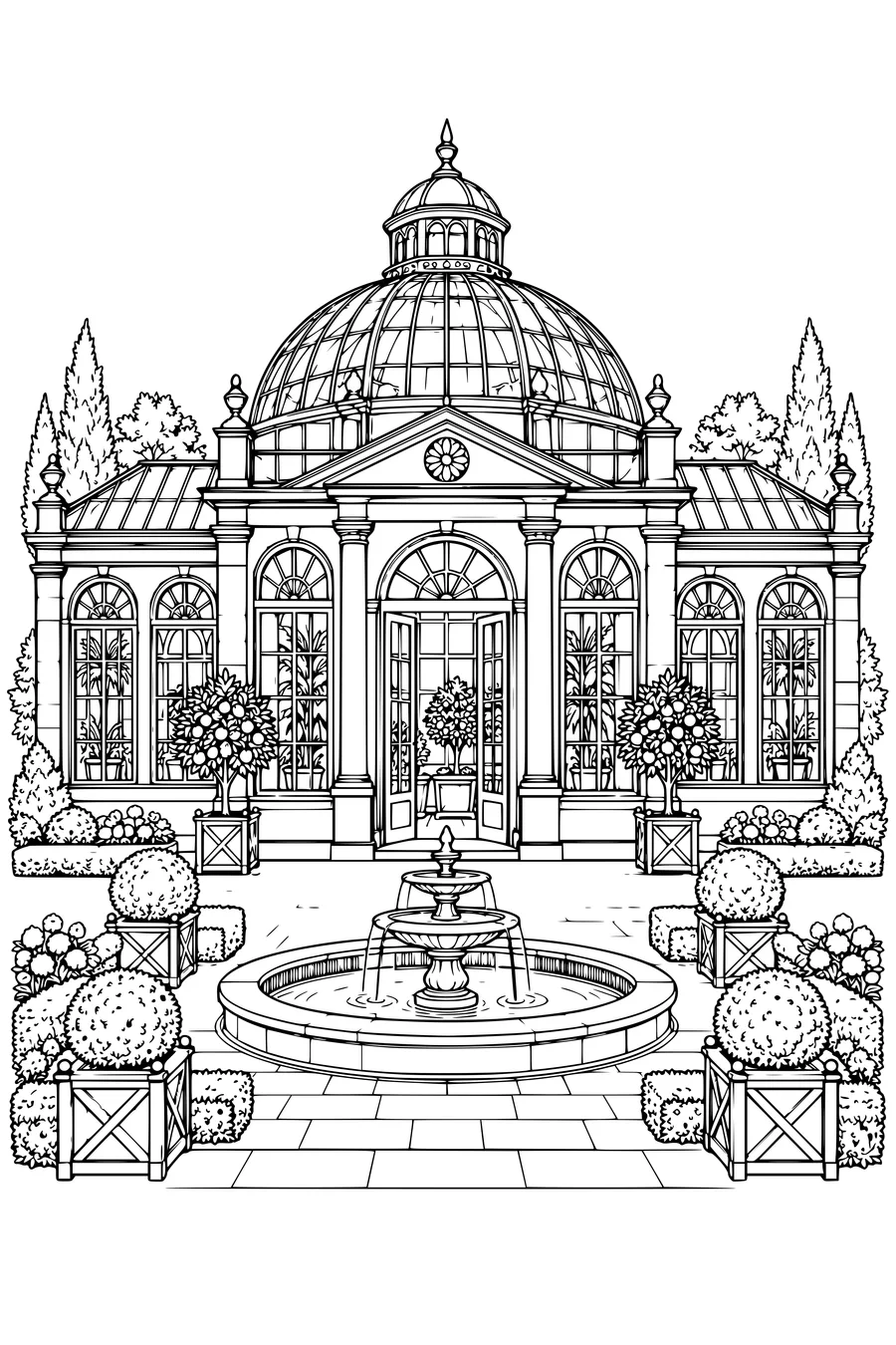 Coloriage: Orangerie avec une fontaine.