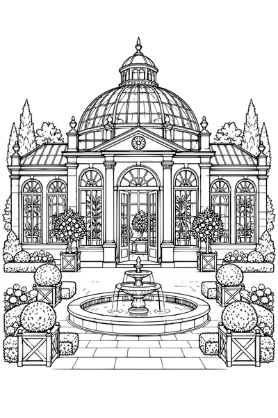 Coloriage: Orangerie avec une fontaine.