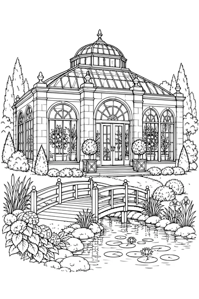 Coloriage: Orangerie avec une passerelle en bois.