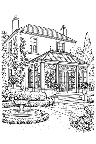 Coloriage: Orangerie avec une extension vitrée.