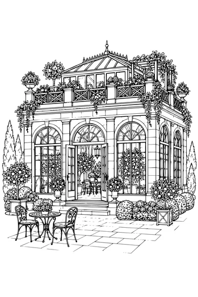 Coloriage: Orangerie avec un jardin sur le toit.