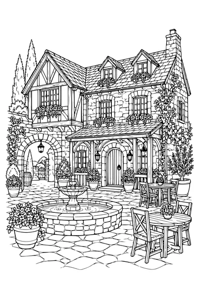 Coloriage: Auberge du village avec une cour intérieure.
