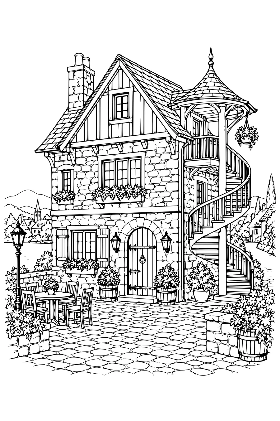 Coloriage: Auberge du village avec un escalier en colimaçon.