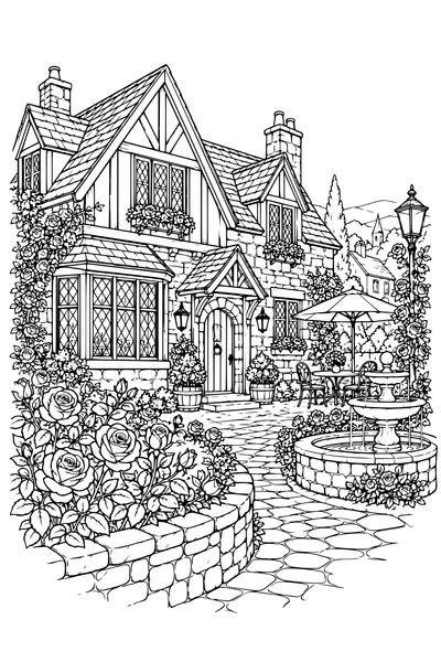 Coloriage: Auberge du village avec une roseraie.