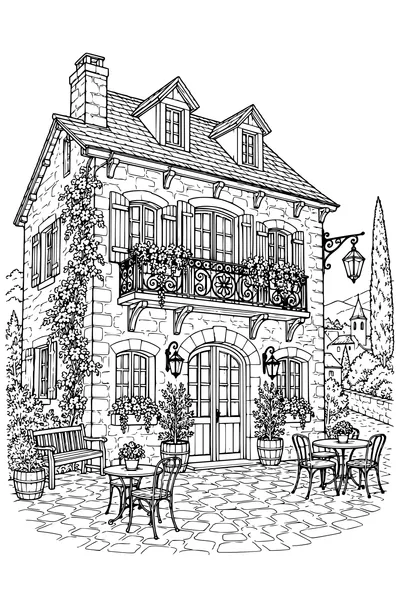 Coloriage: Auberge du village avec un balcon en fer forgé.