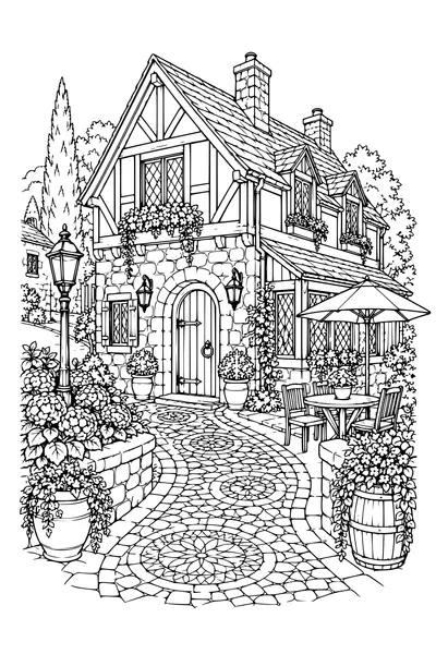 Coloriage: Auberge du village avec un chemin en mosaïque.