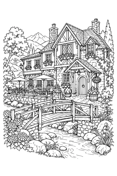 Coloriage: Auberge du village avec une passerelle en bois.