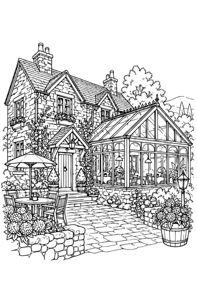 Coloriage: Auberge du village avec une extension vitrée.
