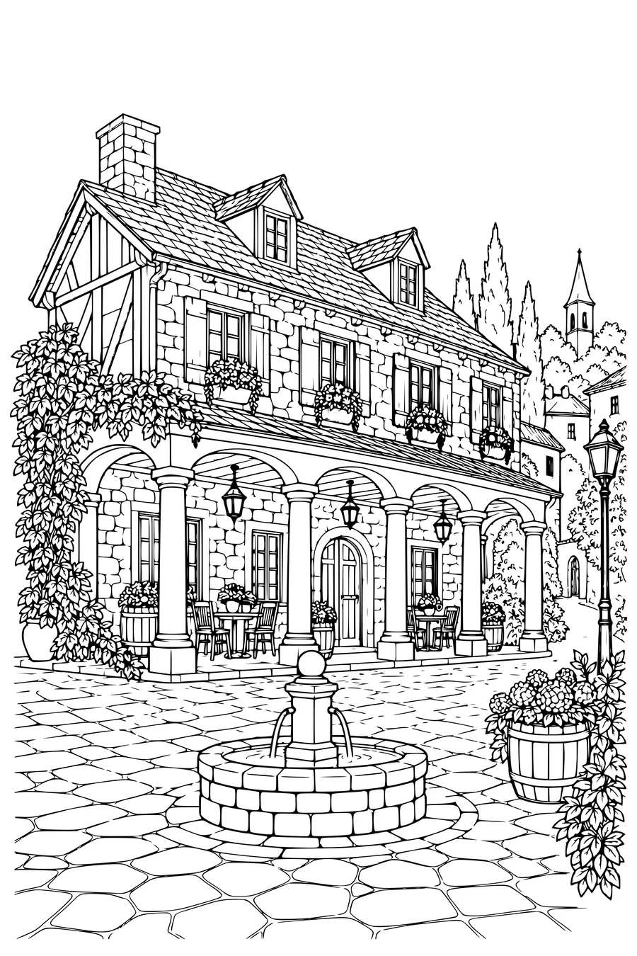 Coloring page: Village inn with a colonnade.