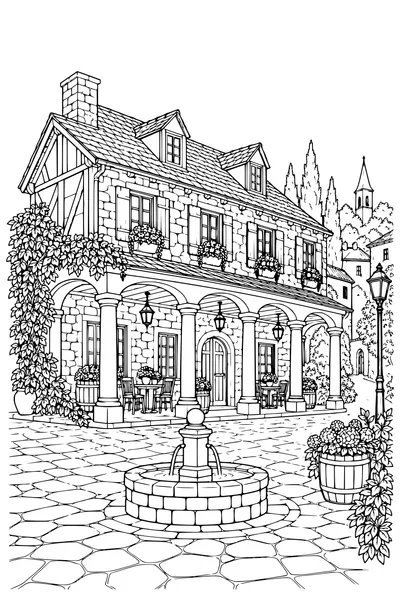 Coloriage: Auberge du village avec une colonnade.