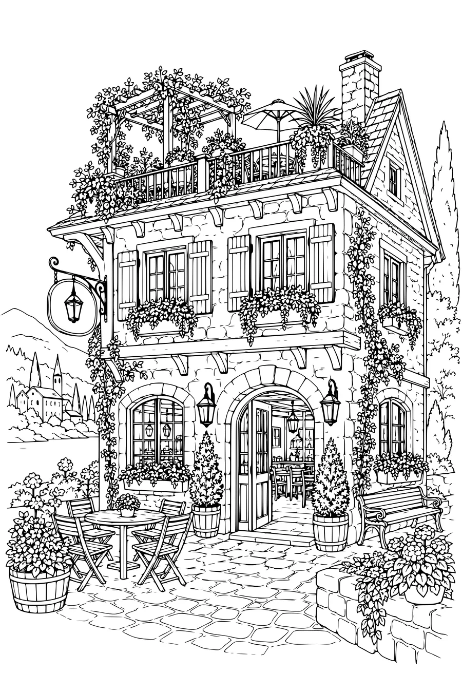 Coloring page: Village inn with a roof garden.