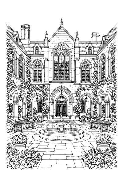 Coloriage: Ancienne bibliothèque avec une cour intérieure.