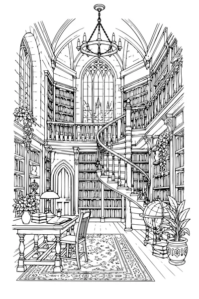 Coloriage: Ancienne bibliothèque avec un escalier en colimaçon.