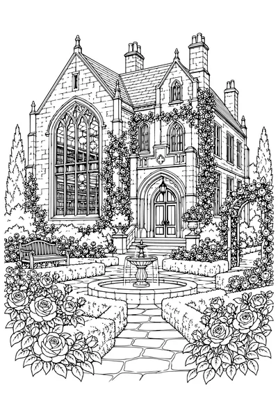 Coloriage: Ancienne bibliothèque avec une roseraie.