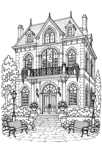 Coloriage: Ancienne bibliothèque avec un balcon en fer forgé.