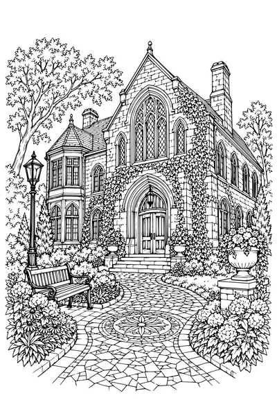 Coloriage: Ancienne bibliothèque avec un chemin en mosaïque.