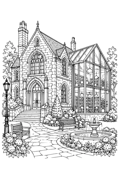 Coloriage: Ancienne bibliothèque avec une extension vitrée.