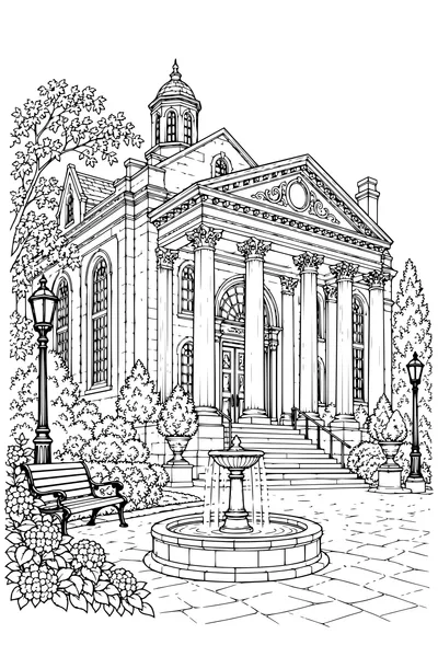 Coloriage: Ancienne bibliothèque avec une colonnade.