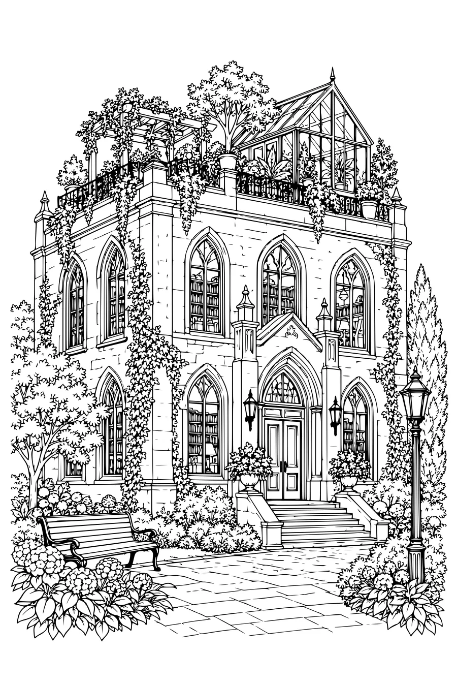 Ausmalbild: Alte Bibliothek mit Dachgarten.