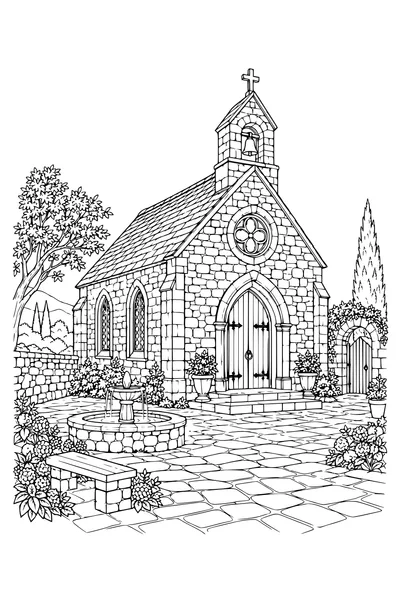 Coloriage: Chapelle en pierre avec une cour intérieure.