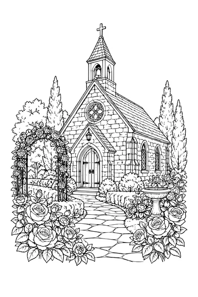 Coloriage: Chapelle en pierre avec une roseraie.